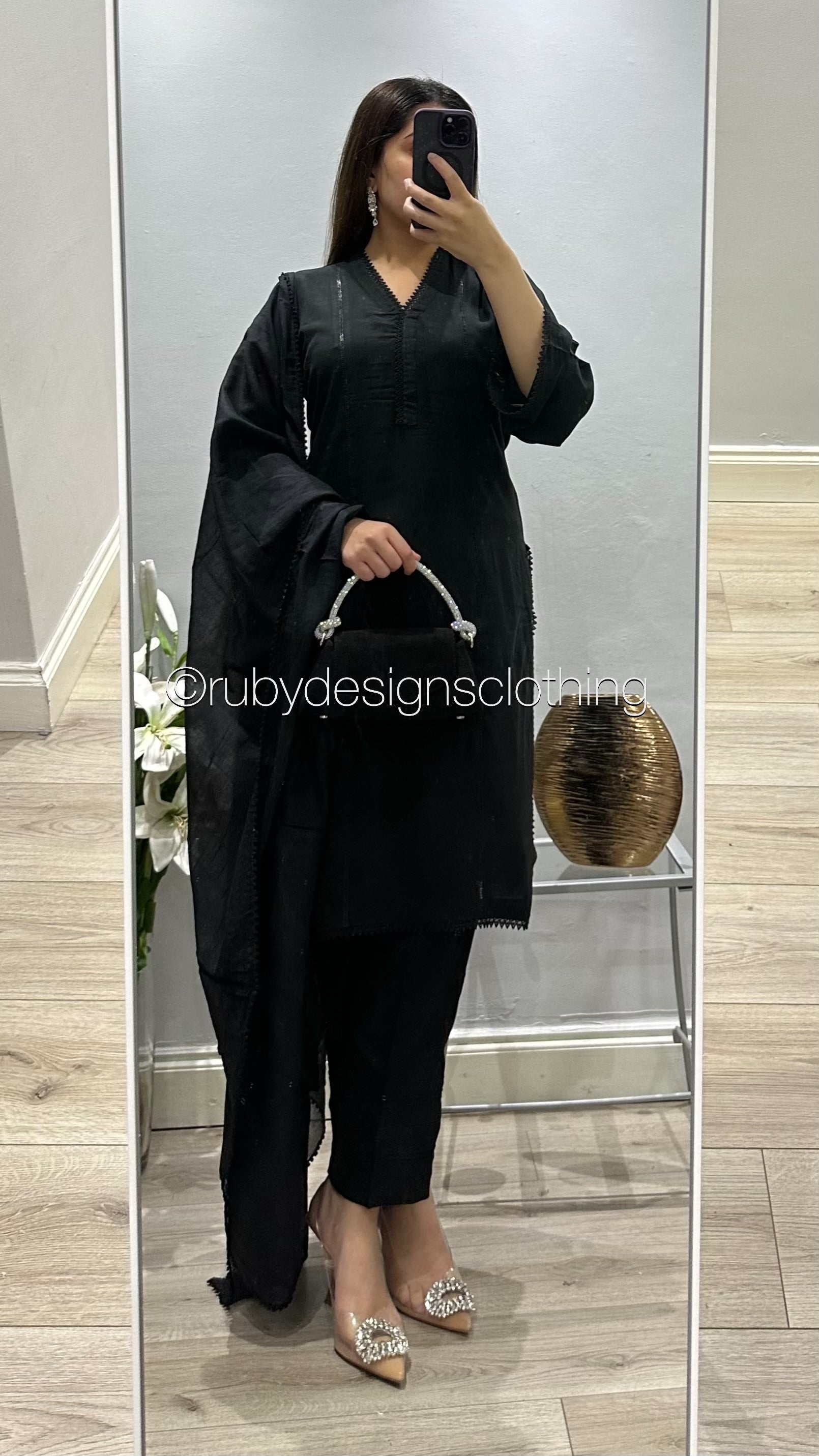 3 Piece Black Linen Suit with V Neck and Lace (8746823221461)