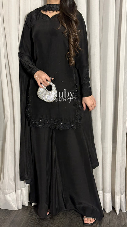 PRE-ORDER (not for immediate dispatch) - LIYANA - 3 Piece Black Luxury Silk Suit with Cutdana Handwork