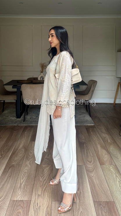 Vanilla Mist - 3 Piece Chikankari Suit with Farshi Shalwar