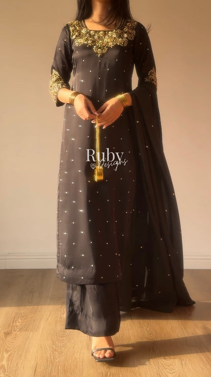 HANIA Noir - 3 Piece Silk Suit with Straight Trouser