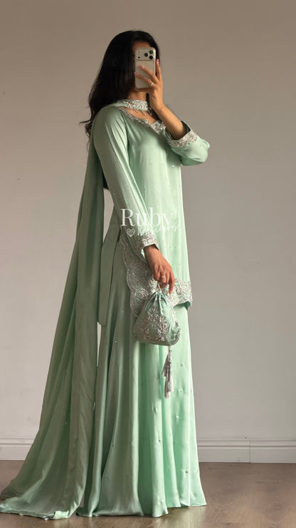PARISA Sage - 4 Piece Silk Suit with Matching Potli Bag