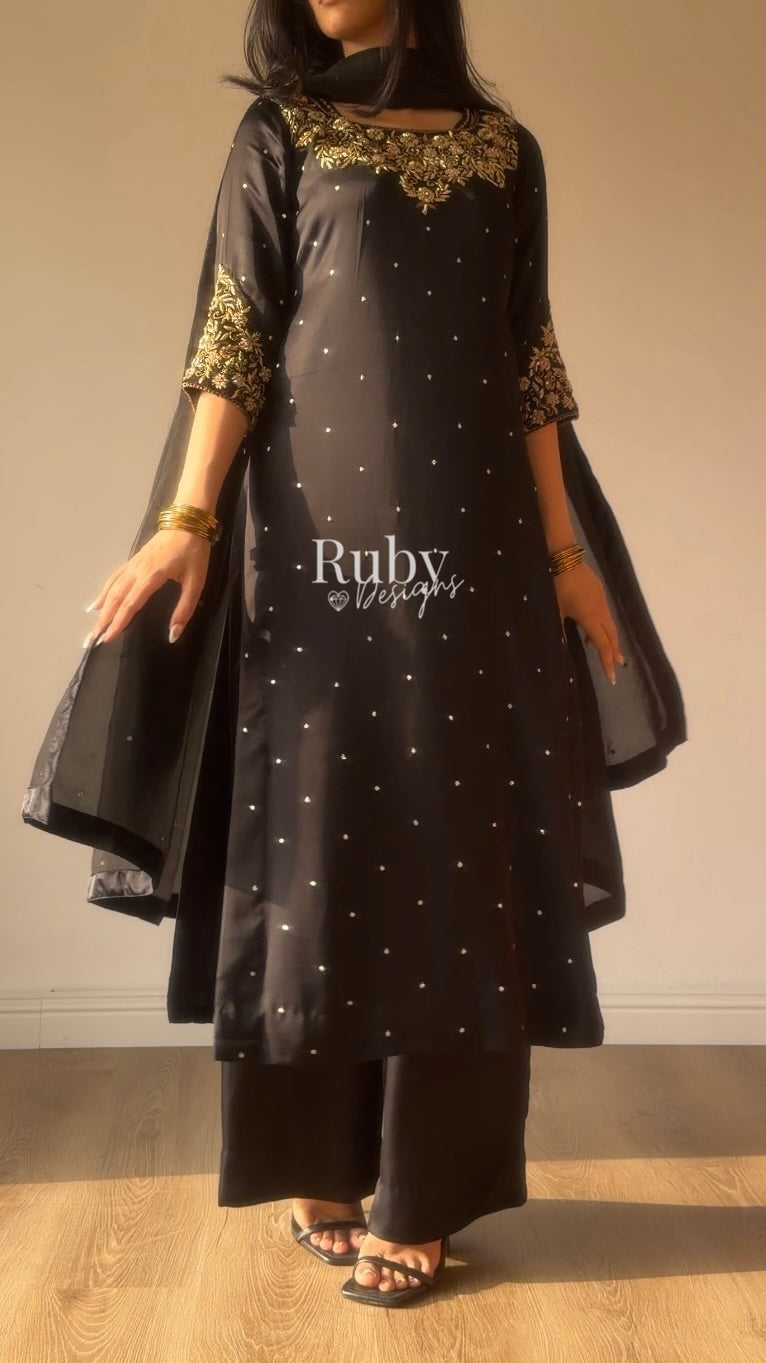 HANIA Noir - 3 Piece Silk Suit with Straight Trouser