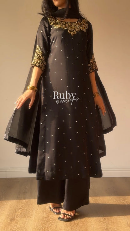 HANIA Noir - 3 Piece Silk Suit with Straight Trouser