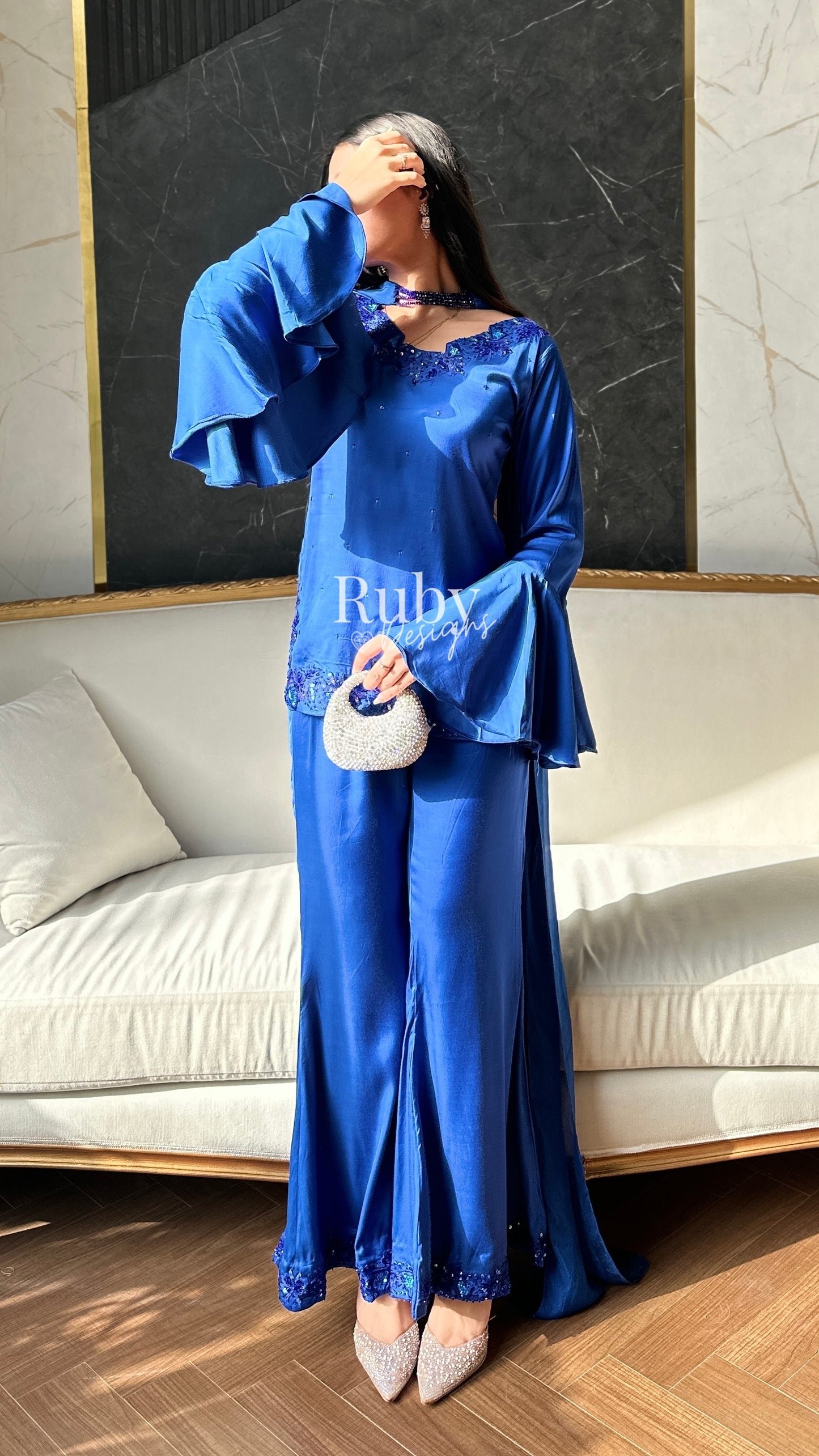 KAREENA Blue - 3 Piece Silk Suit with Crystal Choker Dupatta