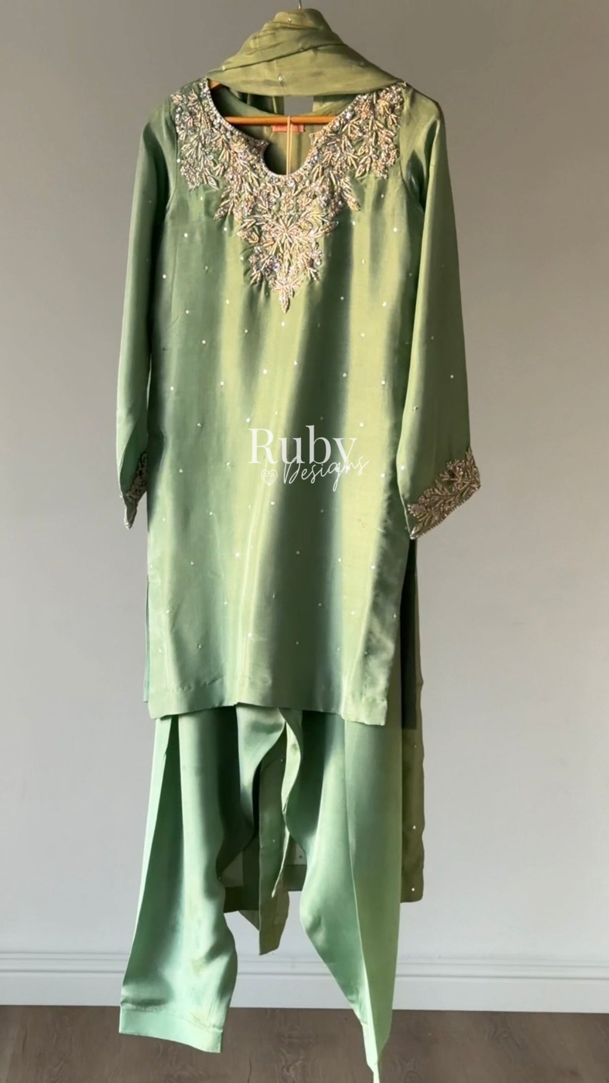 MARWA - 3 Piece Sage Green Silk Suit with Shalwar