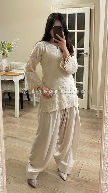 Vanilla Mist - 3 Piece Chikankari Suit with Farshi Shalwar