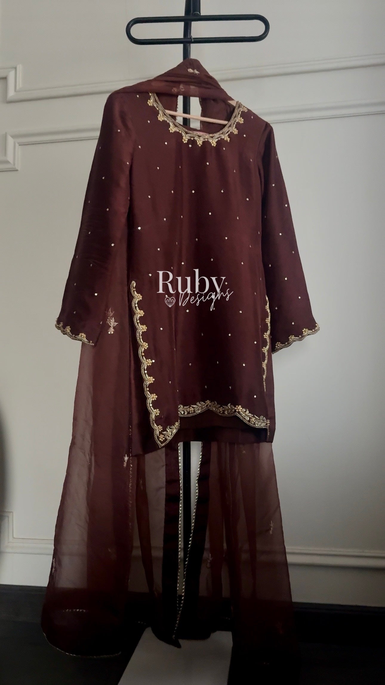 ZEBA Chocolate - 3 Piece Luxury Suit with Sharara