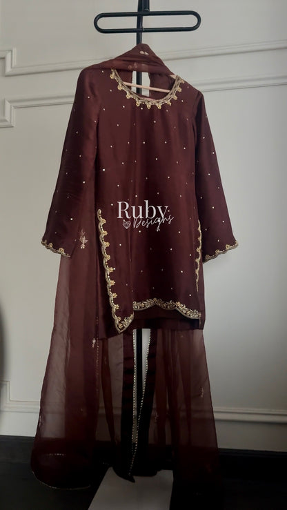 ZEBA Chocolate - 3 Piece Luxury Suit with Sharara