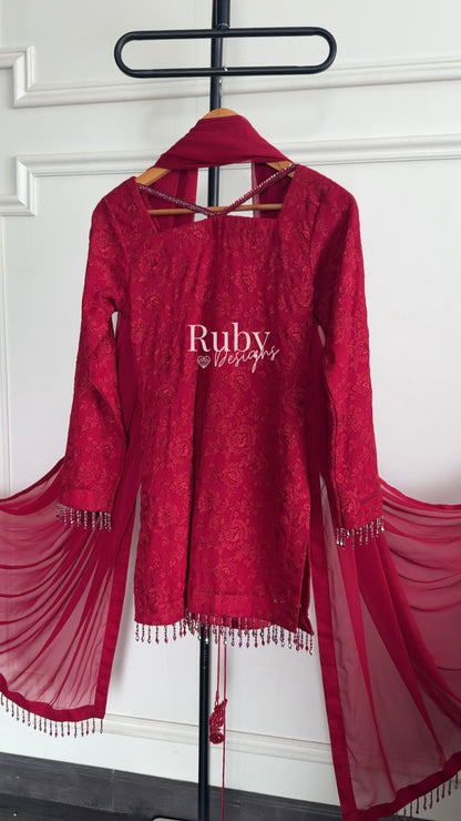 FARYAL Rouge - 3 Piece Chiffon Suit with Tiered Sharara