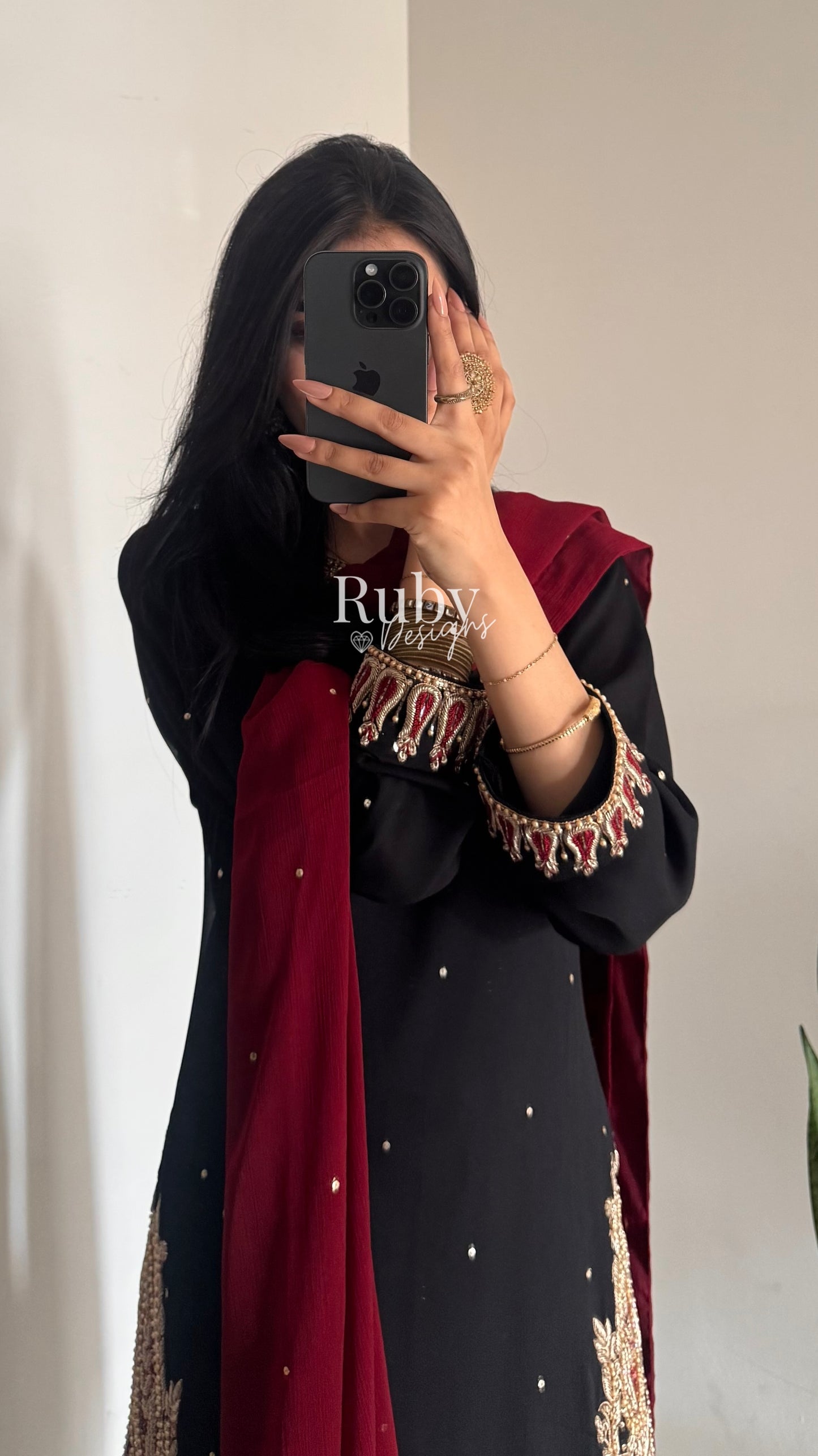 MEHRUNNISA - 3 Piece Black Chiffon Suit with Gold Handwork