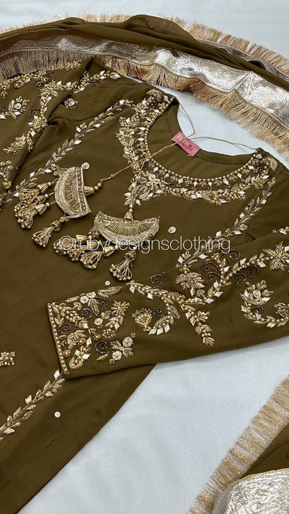 NAYRA Style 2 (Long Shirt) - 3 Piece Khaki Chiffon Suit with Trouser