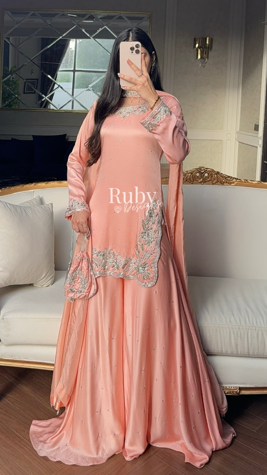 PARISA Peach - 4 Piece Silk Suit with Matching Potli Bag