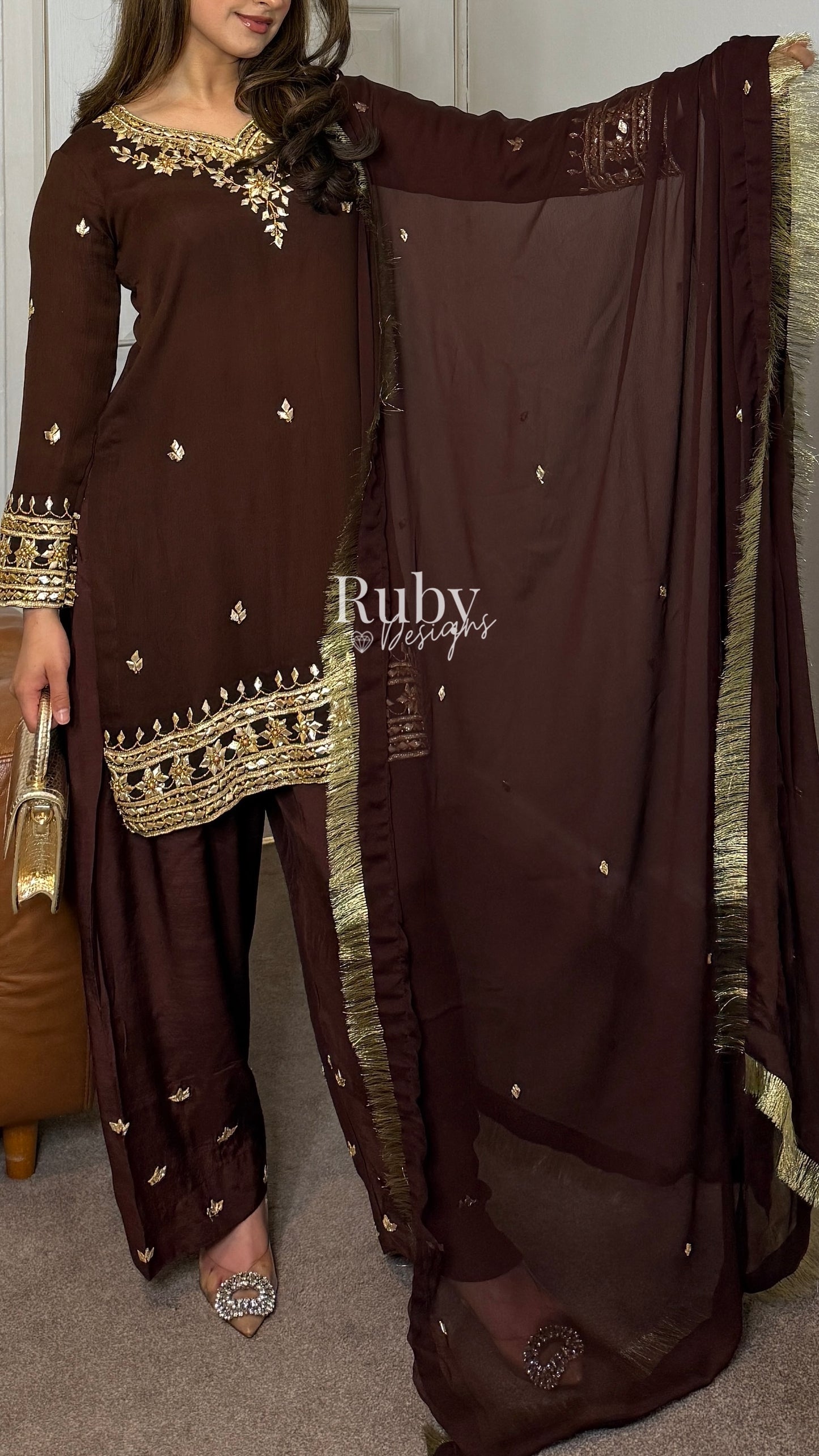 SAJAL Cocoa - 3 Piece Chiffon Suit with Farshi Shalwar and Gota Handwork