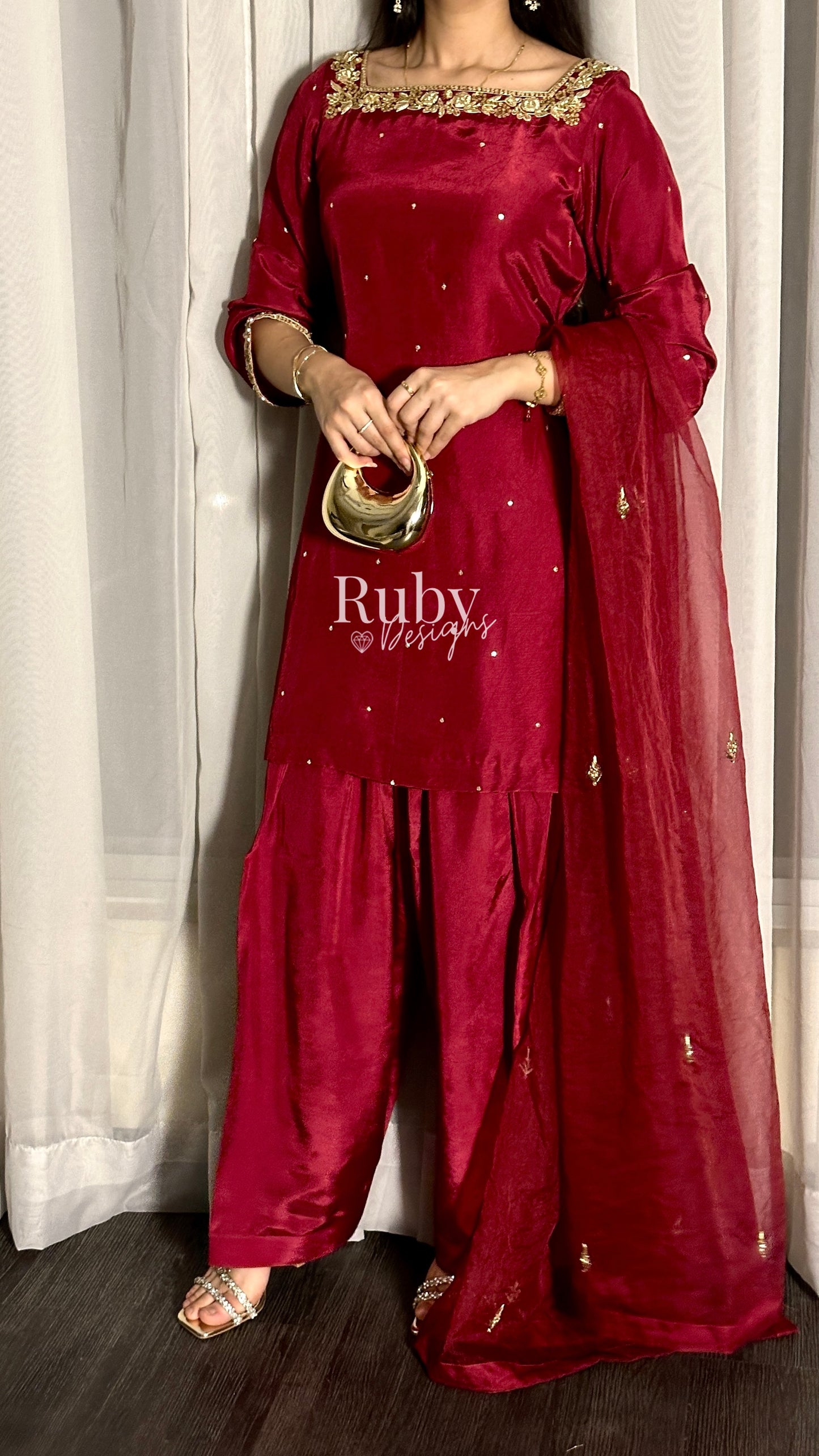 MEHER Rouge - 3 Piece Silk Suit with Farshi Shalwar