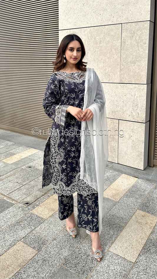 HABIBA - 3 Piece Charcoal Grey/Navy Lawn Suit with White Chiffon Dupatta (8583535427797)