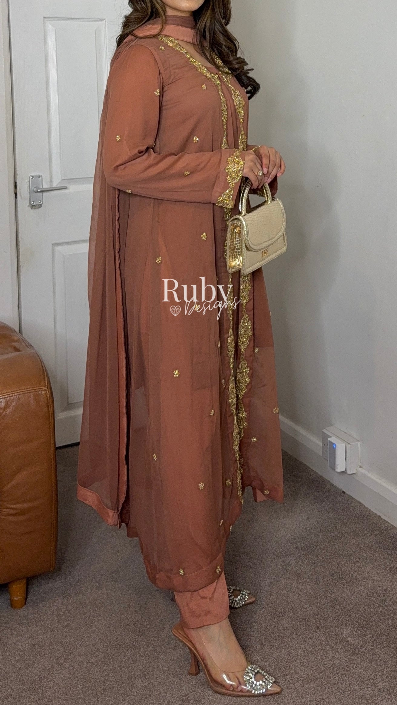 SORAYA - 4 Piece Chiffon Suit with Jacket and Gold Handwork