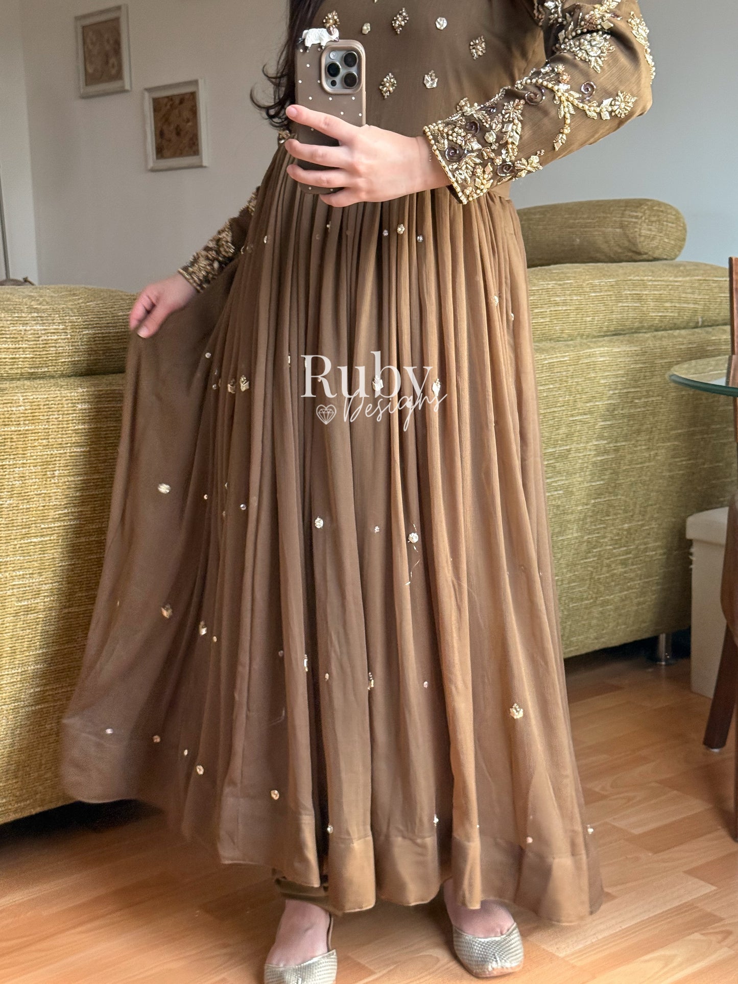 NAYRA Style 1 (Dress) - 3 Piece Khaki Chiffon Dress with Kiran Lace Dupatta and Churidaar Trousers