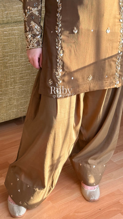 NAYRA Style 3 (Short Shirt) - 3 Piece Khaki Chiffon Suit with Shalwar