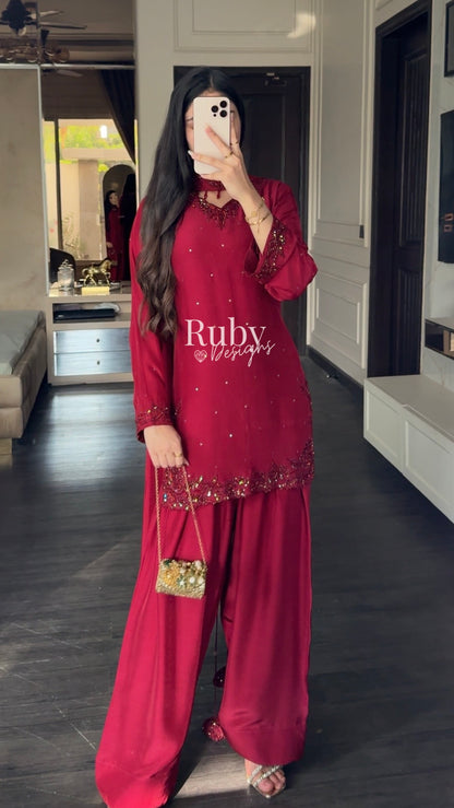 LEYLA - 3 Piece Luxury Silk Suit with Farshi Shalwar
