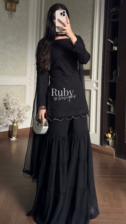 FARYAL Noir - 3 Piece Chiffon Suit with Tiered Sharara