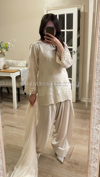 Vanilla Mist - 3 Piece Chikankari Suit with Farshi Shalwar