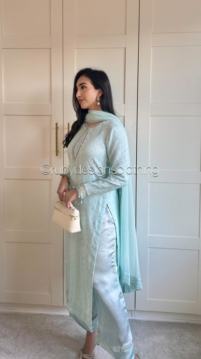 LEENA Sky - 3 Piece Chiffon Suit with Stonework