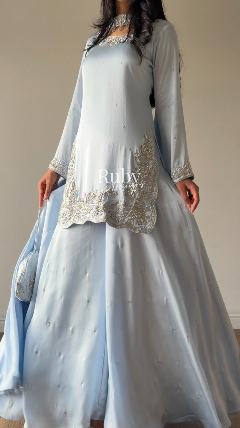 PARISA Sky - 4 Piece Silk Suit with Matching Potli Bag