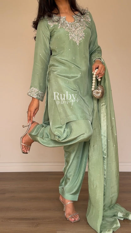 MARWA - 3 Piece Sage Green Silk Suit with Shalwar