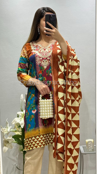 3 Piece Burnt Orange Khaddar Suit with Shawl (8746816340181)