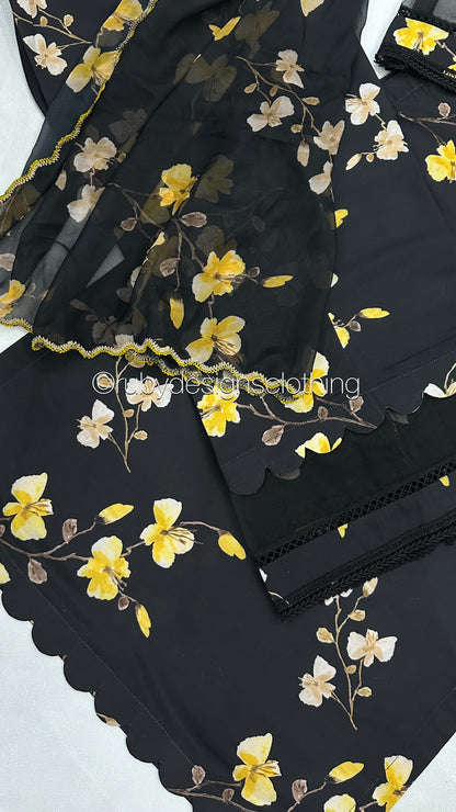 UMAIZA- 3 Piece Black and Yellow Swiss Lawn Suit with Silk Dupatta