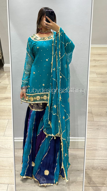 EXCLUSIVE SAMPLE - 3 Piece Blue and Purple Chiffon Suit with Gota Work and Sharara (8746852679893)