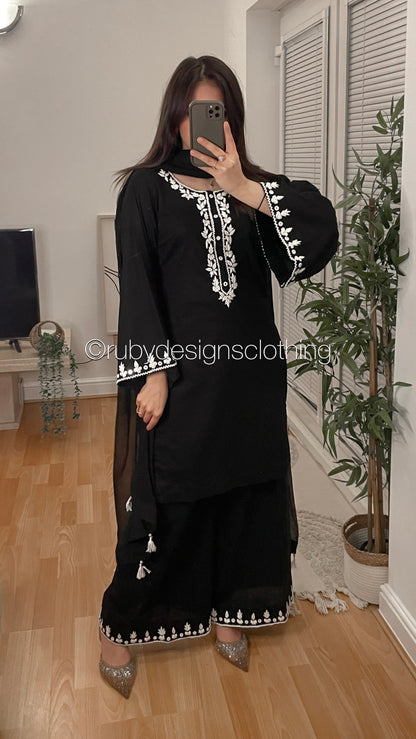 YARA - 3 Piece Black Cotton Suit with Chiffon Dupatta