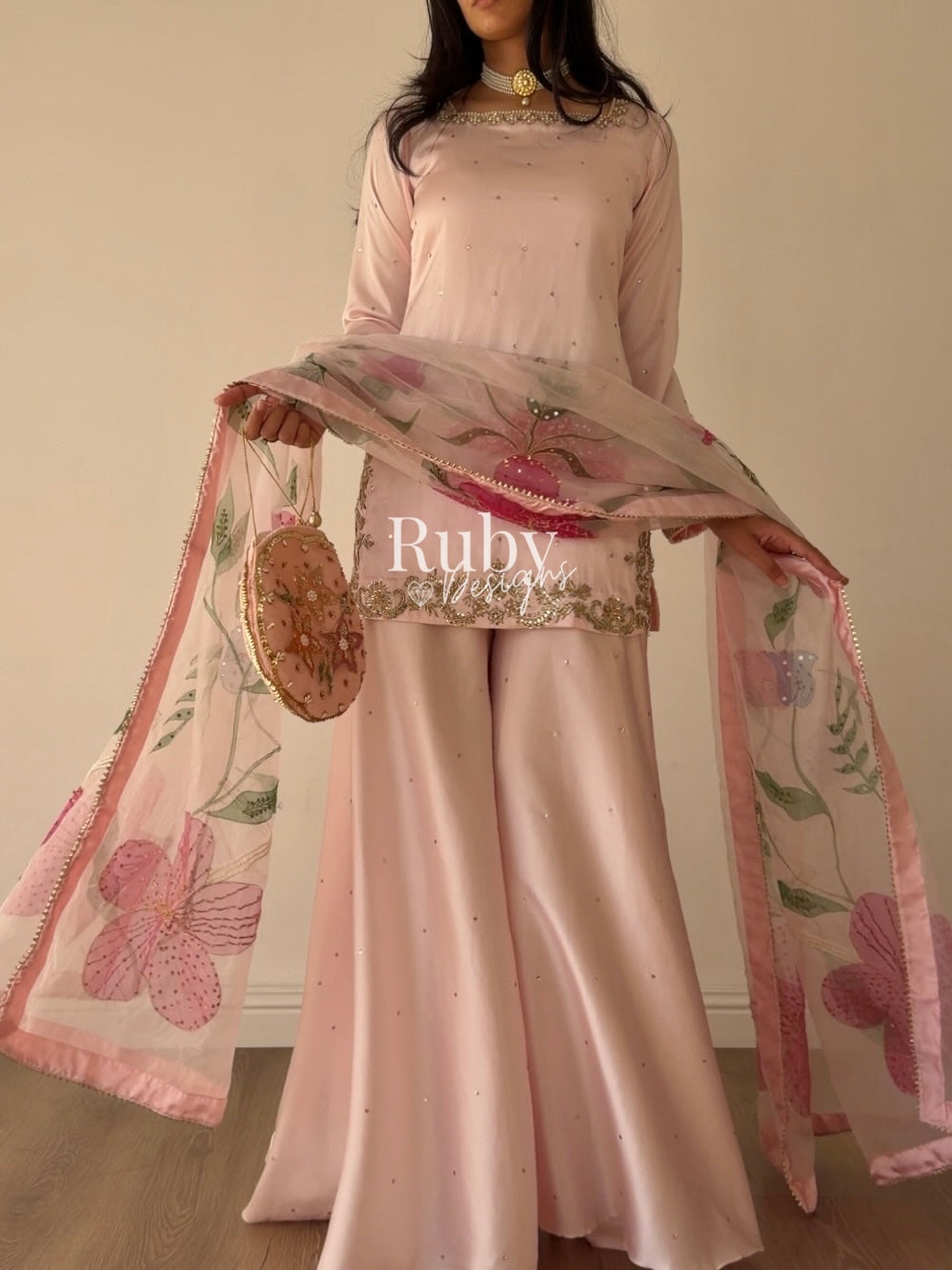 REYA Rose - 3 Piece Silk Suit with Matching Potli Bag
