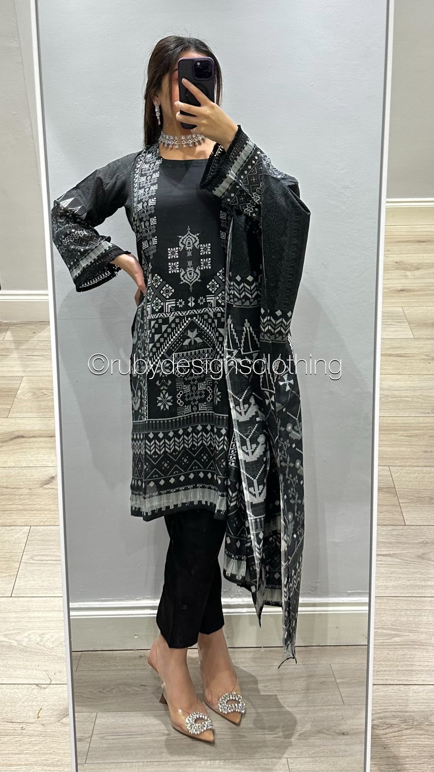 Original KHAS 3 Piece Black Lawn Suit with Printed Dupatta (8746817421525)