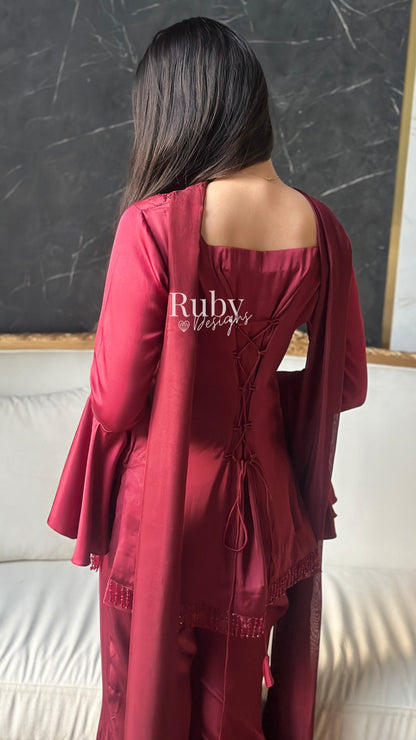 KAREENA Rouge - 3 Piece Silk Suit with Crystal Choker Dupatta