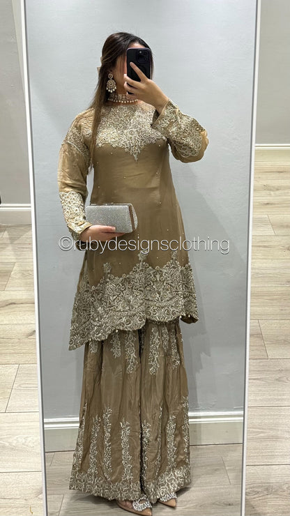 EXCLUSIVE SAMPLE - 3 Piece Chiffon Heavy Embroidered Suit with Embroidered Sharara (8746859495637)