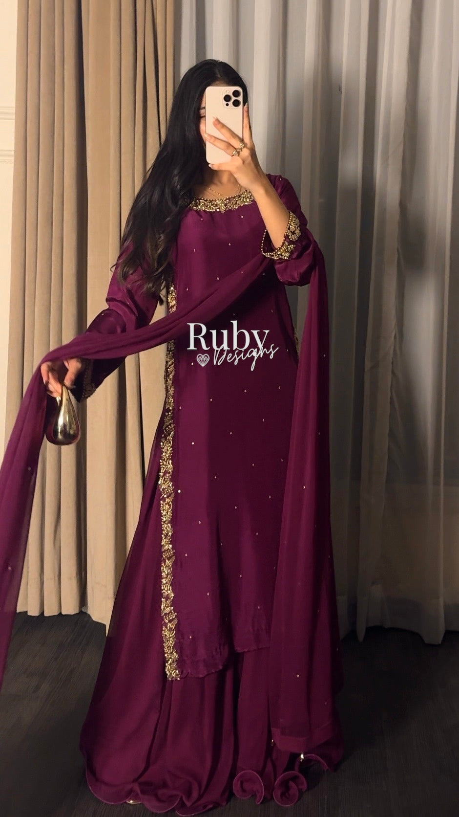 ZAINA Mulberry - 3 Piece Silk Suit with Gold Handwork