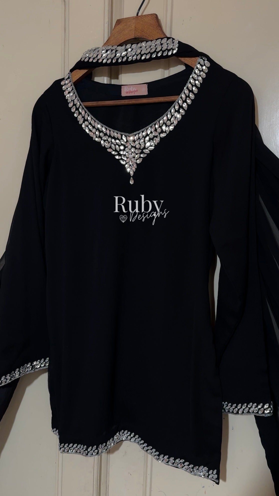 EISHA - 3 Piece Black Chiffon Suit with Premium Crystal Handwork