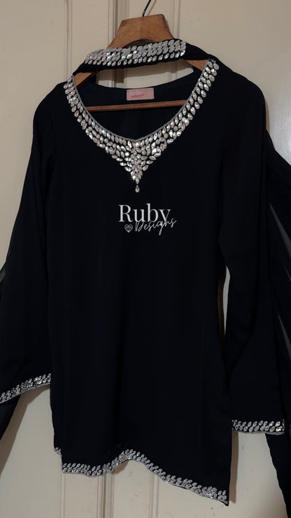 EISHA - 3 Piece Black Chiffon Suit with Premium Crystal Handwork