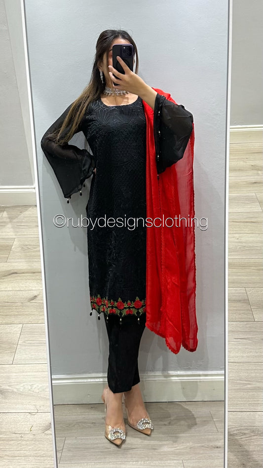 MISBA - 3 Piece Black Chiffon Suit with Red Chiffon Dupatta (8746833969365)