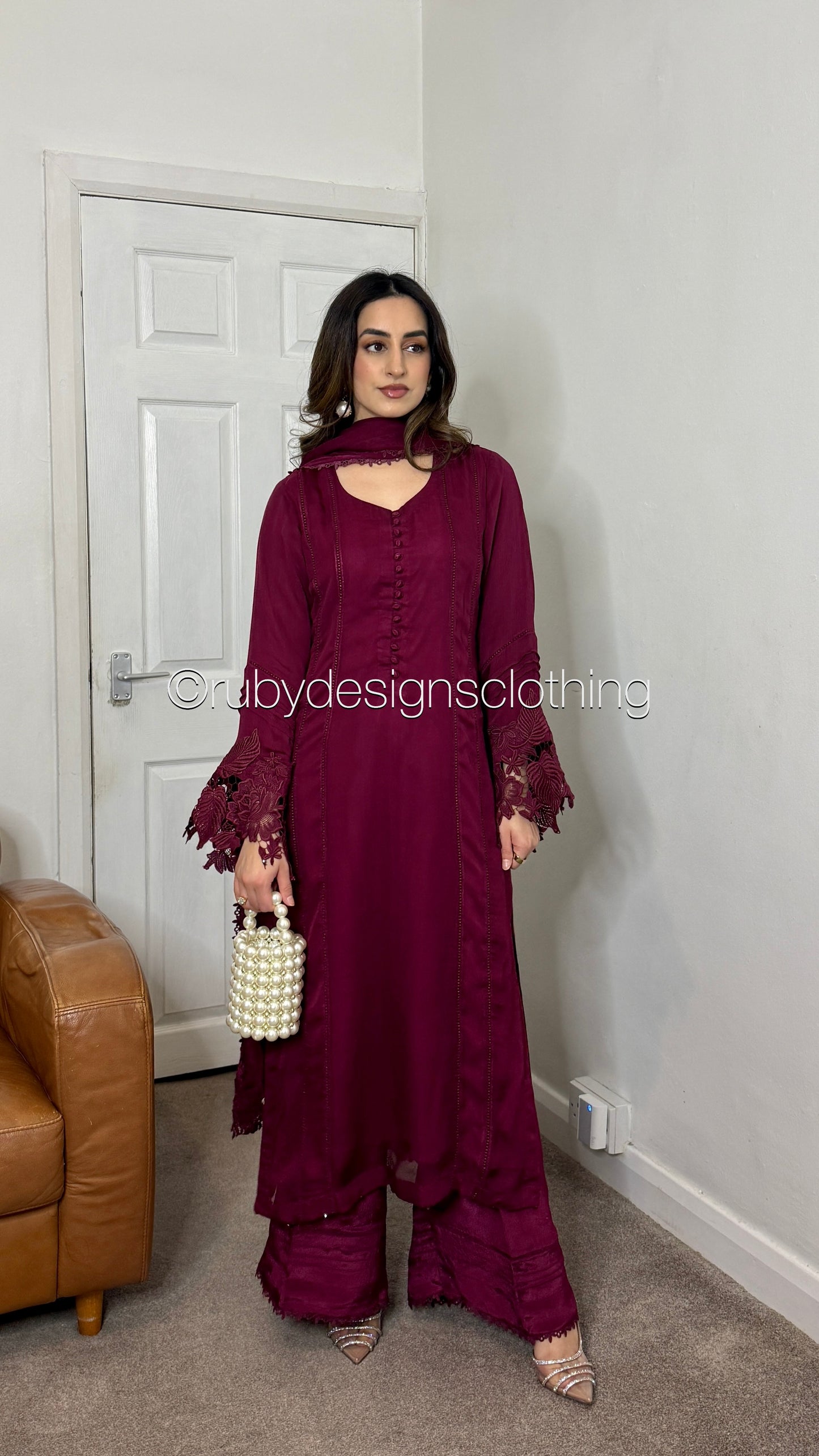 MINHA Berry - 3 Piece Chiffon Suit with Cutwork