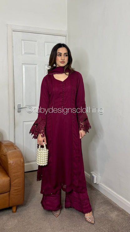MINHA Berry - 3 Piece Chiffon Suit with Cutwork