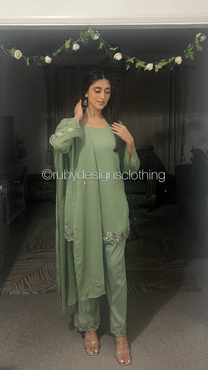 SAMAN Sage - 3 Piece Chiffon Suit with Embroidered Detailing