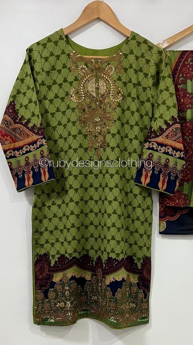 3 Piece Green Khaddar Suit with Shawl (8747216896213)