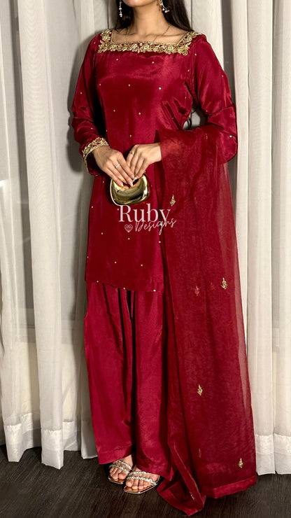 MEHER Rouge - 3 Piece Silk Suit with Farshi Shalwar