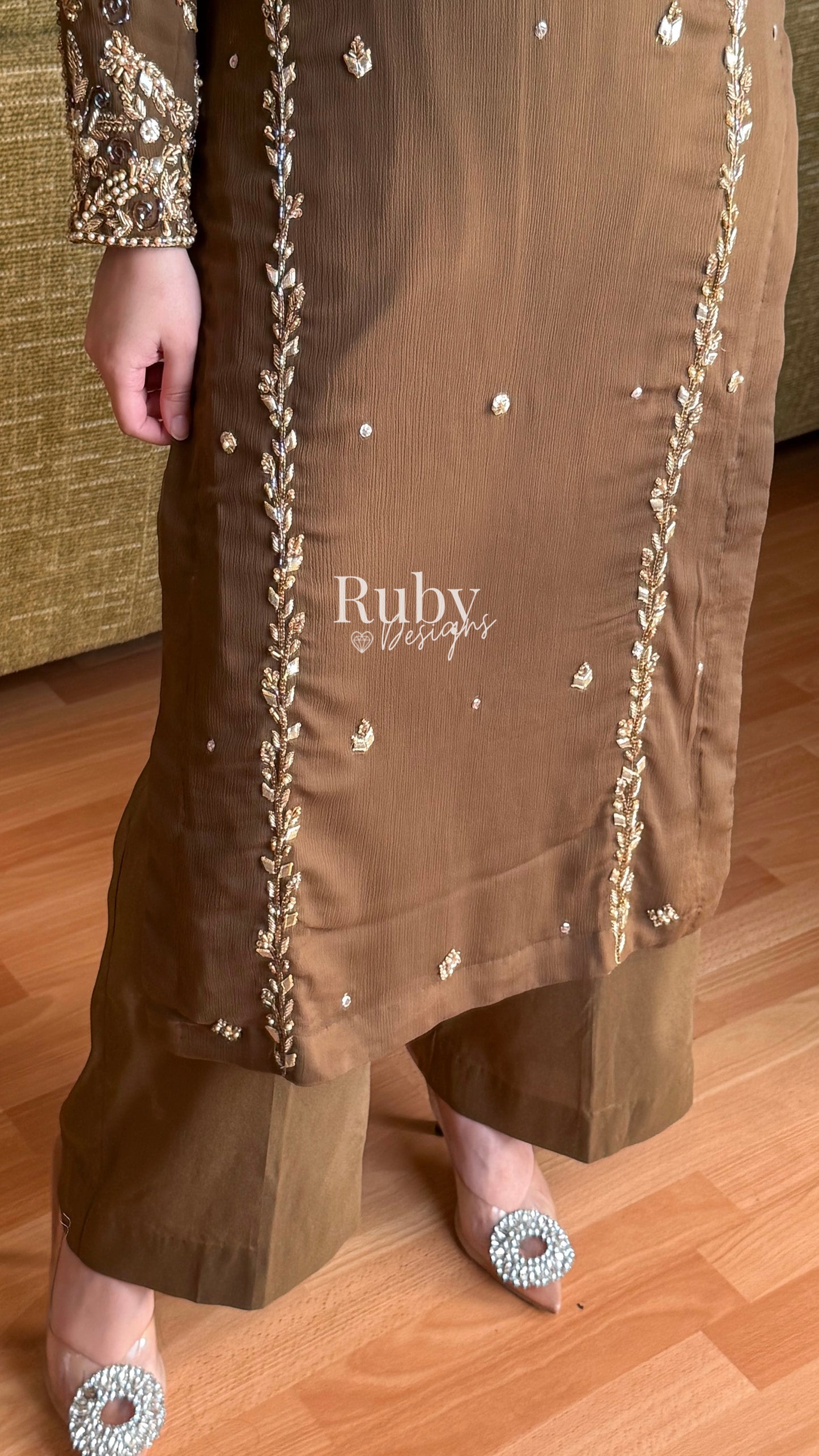NAYRA Style 2 (Long Shirt) - 3 Piece Khaki Chiffon Suit with Trouser