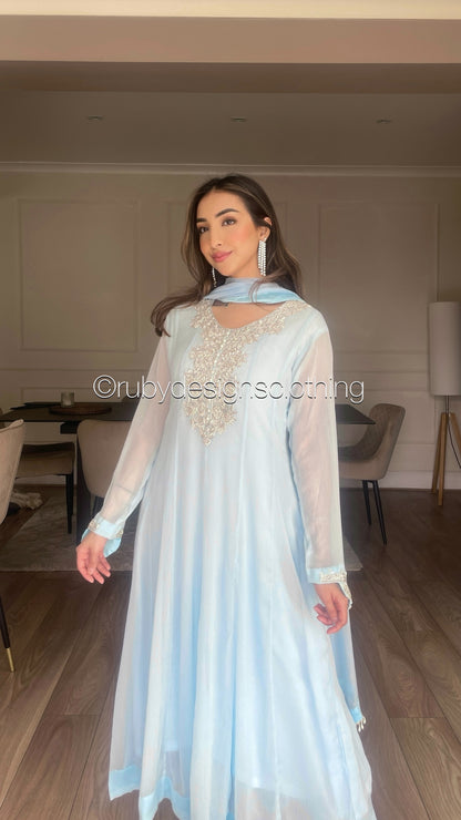 FALAK - 3 Piece Ice Blue Chiffon Dress with Chiffon Dupatta