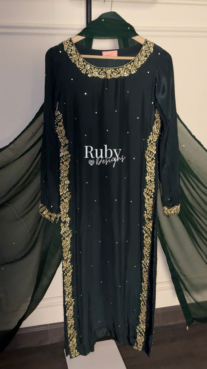 ZAINA Emerald - 3 Piece Silk Suit with Gold Handwork