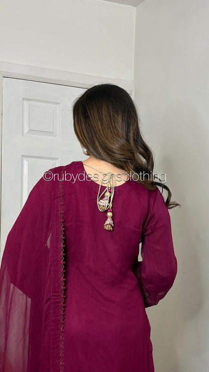MINHA Berry - 3 Piece Chiffon Suit with Cutwork