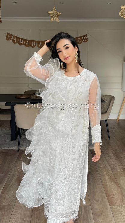 SHIREEN - 3 Piece White Net Suit with Pearl Detailing
